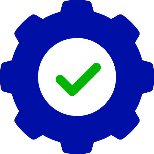 engranaje azul con check verde dentro